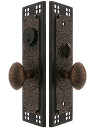 Craftsman F20 Function Mortise Lock Entryset in Oil Rubbed Bronze with Left Hand Hammered Egg Knobs, and Stop/Release Buttons.
